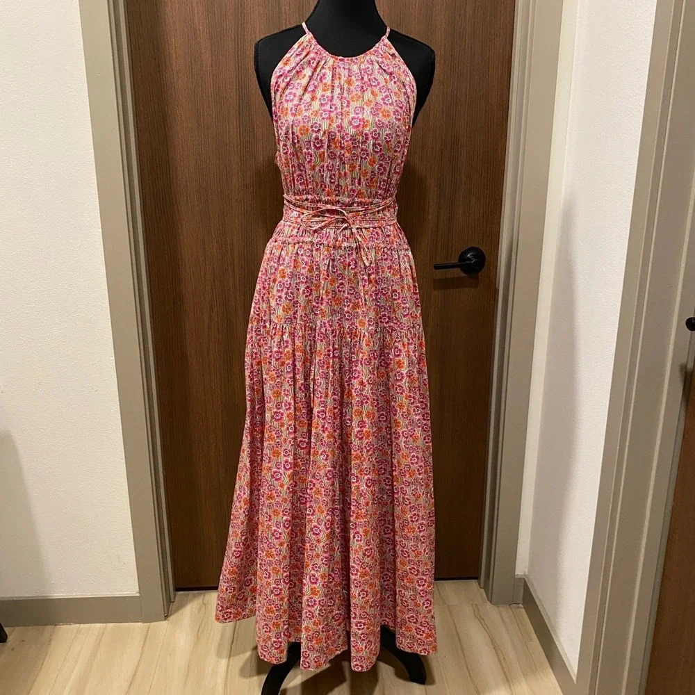 J. CREW Pink Floral Tie-Waist Halter Midi Dress L Liberty Ellie Organic Cotton